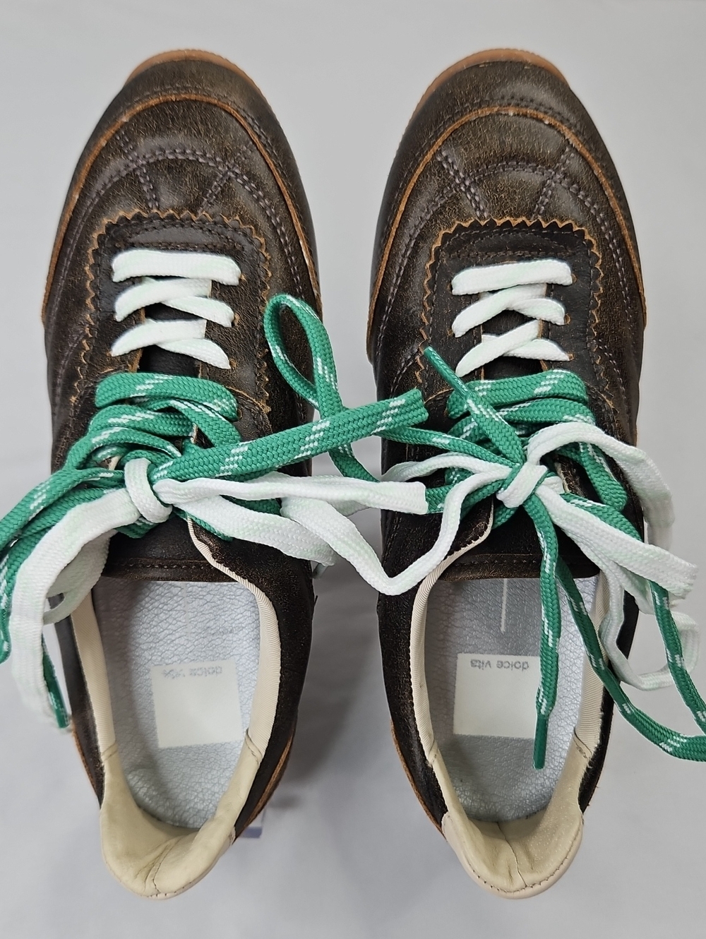 Dolce Vita Brown Leather Sneakers with Green and White Laces Size 7.5